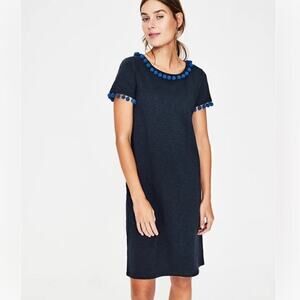 Boden Bridget Navy Blue Slub Cotton Jersey Pom Pom Trim Shift Mini Dress Size 12